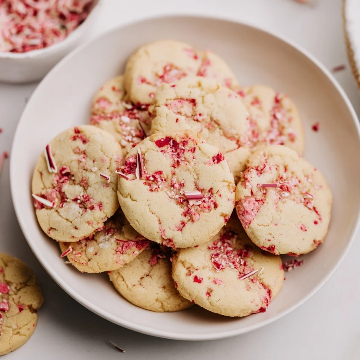 Golden Peppermint Candy Cane Cookies, festive and buttery, sprinkled with vibrant crushed candy.