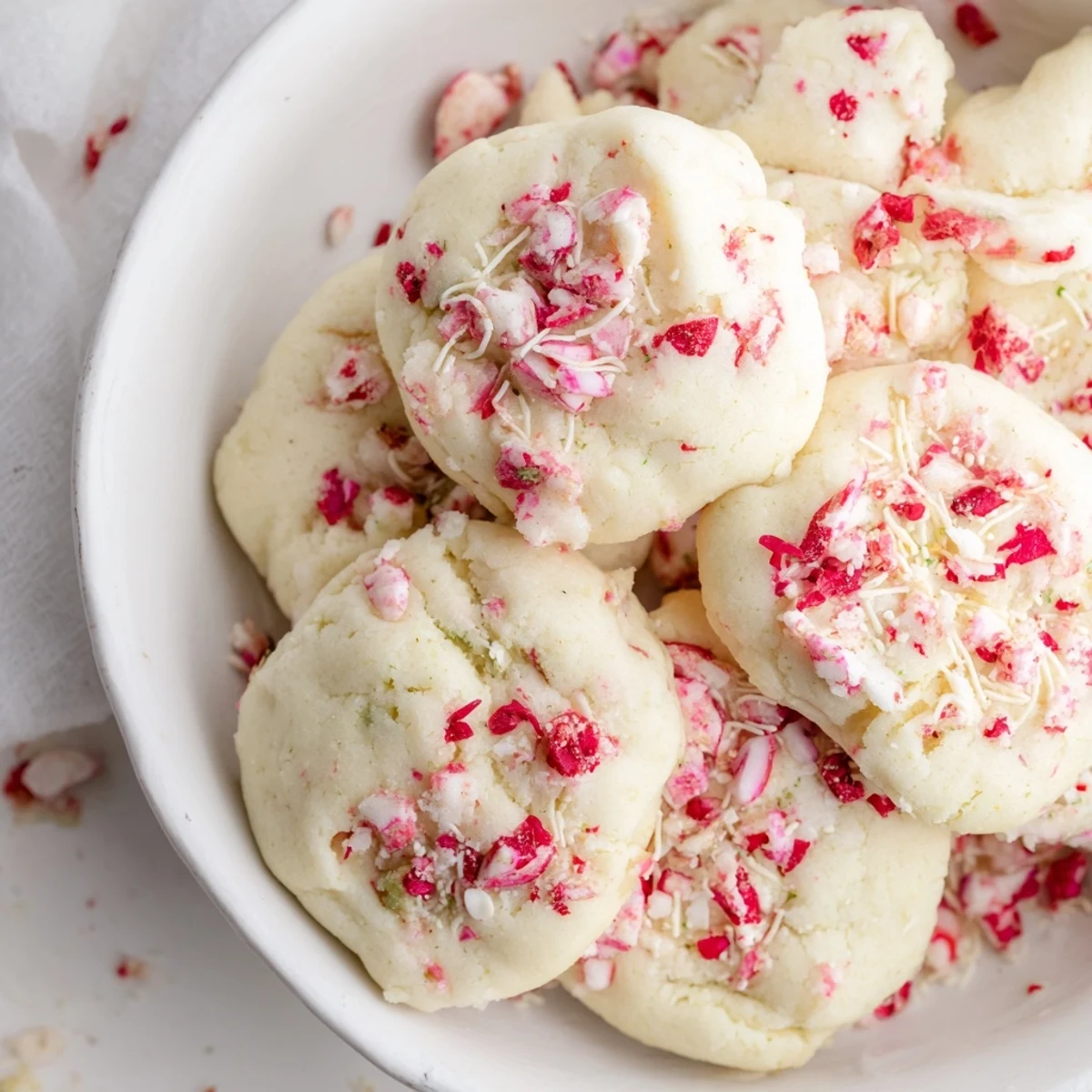 Freshly baked Peppermint Candy Cane Cookies, offering a sweet & minty taste and a delightful, crunchy bite.