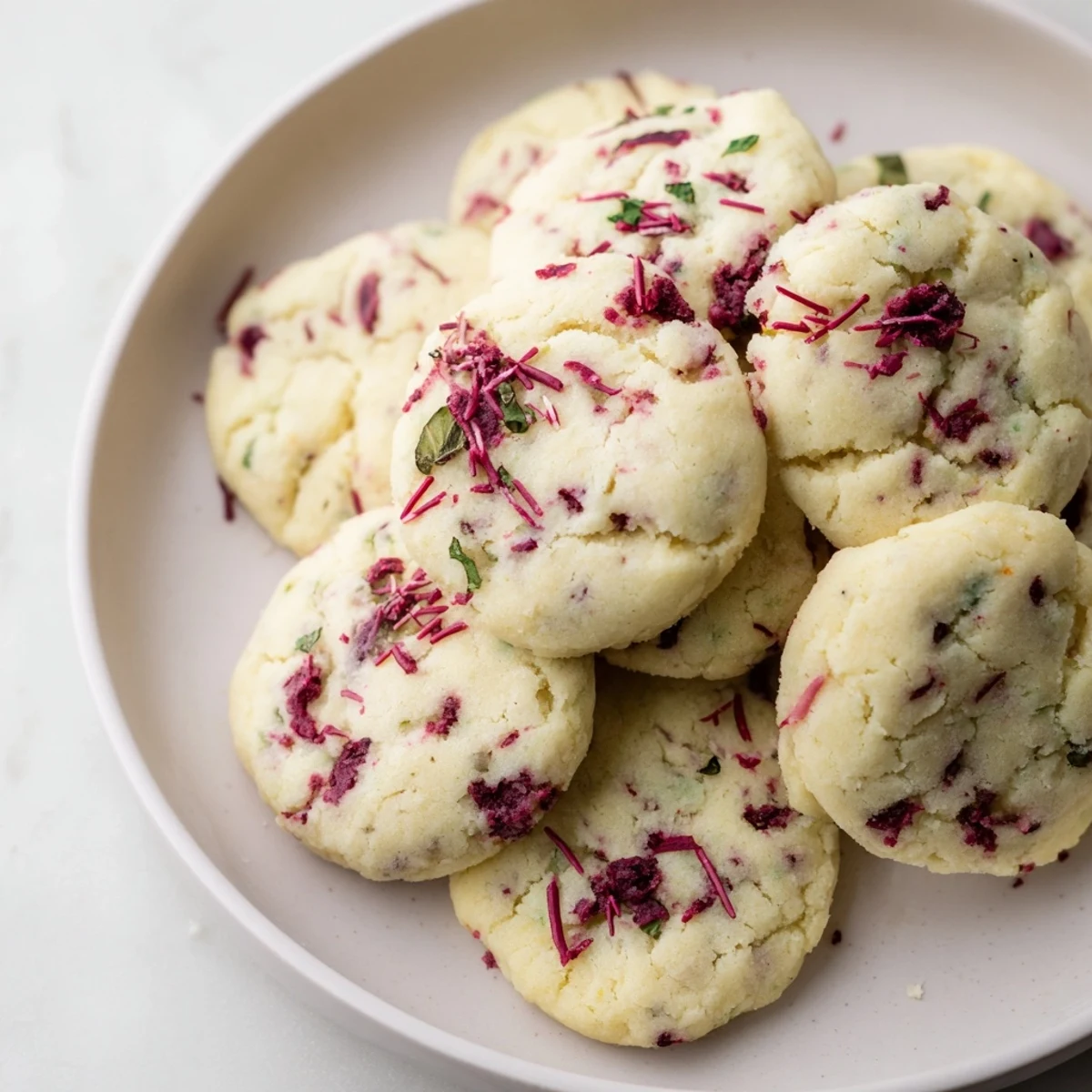 Crushed candy canes top these pretty, baked Peppermint Candy Cane Cookies, perfect for holiday gatherings.