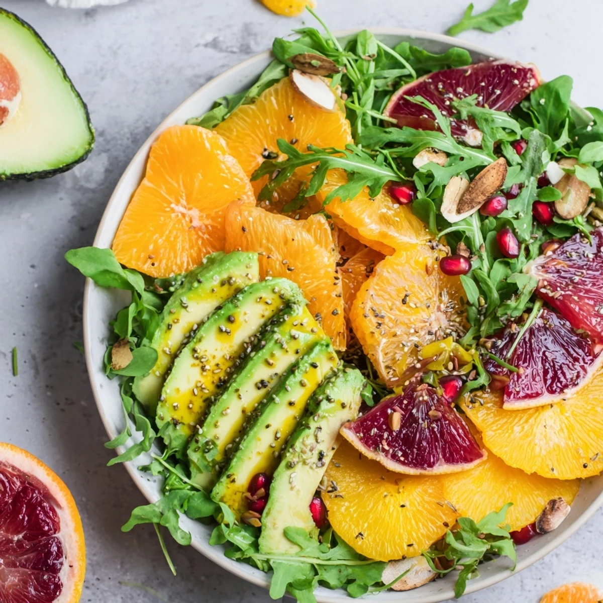 Winter Citrus Avocado Salad, a colorful medley, showcases bright orange segments and creamy avocado slices.