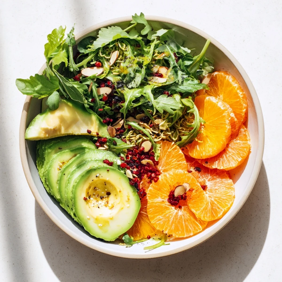 Freshly plated Winter Citrus Avocado Salad with a zesty vinaigrette, ready to serve and enjoy.