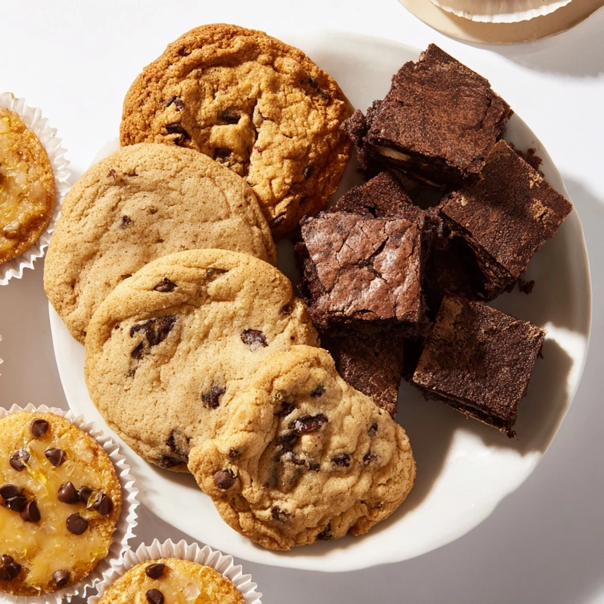 Freshly baked Baked Treat Box, presenting delightful chocolate chip cookies, brownies, and zesty lemon cakes.