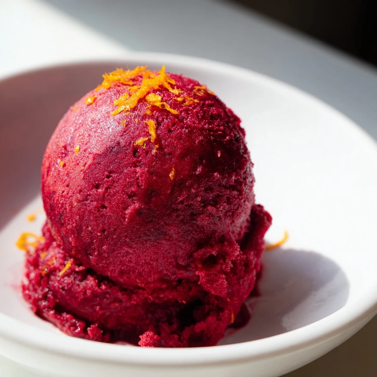 Vivid photo of a frosty Cranberry Sorbet, swirled with tart sweetness, perfect for summertime refreshment.