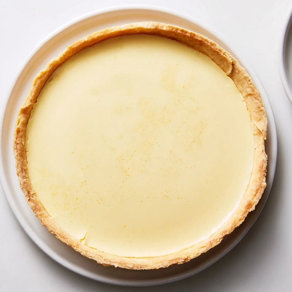 Golden-brown edges frame the smooth, creamy custard tart, a delightful French dessert.