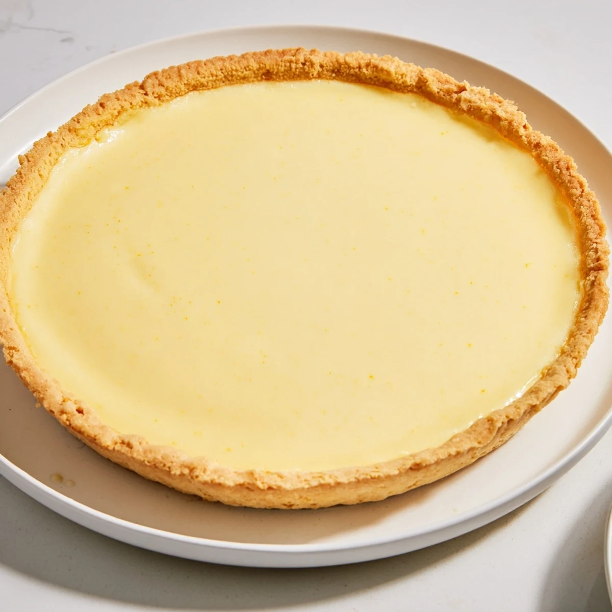 A close-up of a perfectly baked creamy custard tart, promising a rich, vanilla-infused bite.