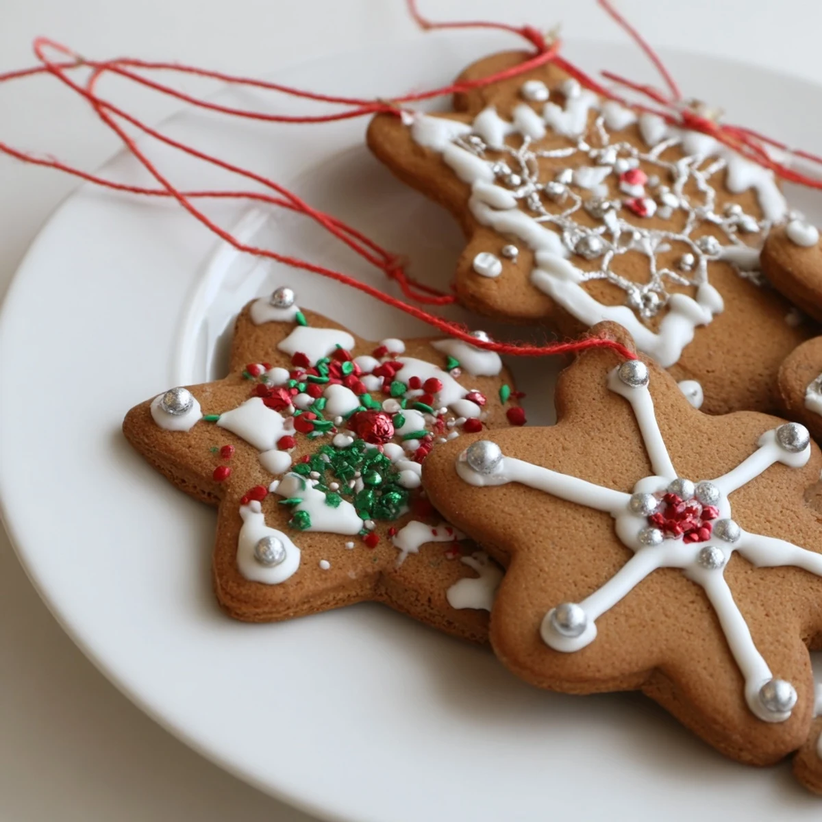 Arrangement of vibrant gingerbread ornament cookies adorned with shimmering sprinkles, perfect for the holidays.