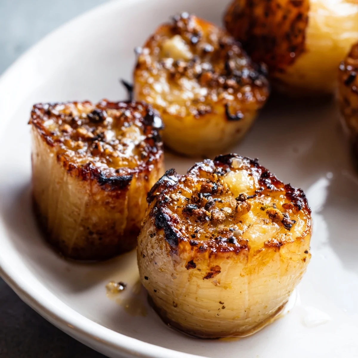 Golden, caramelized Whole Roasted Garlic Bulb ready to spread, a savory Mediterranean appetizer.