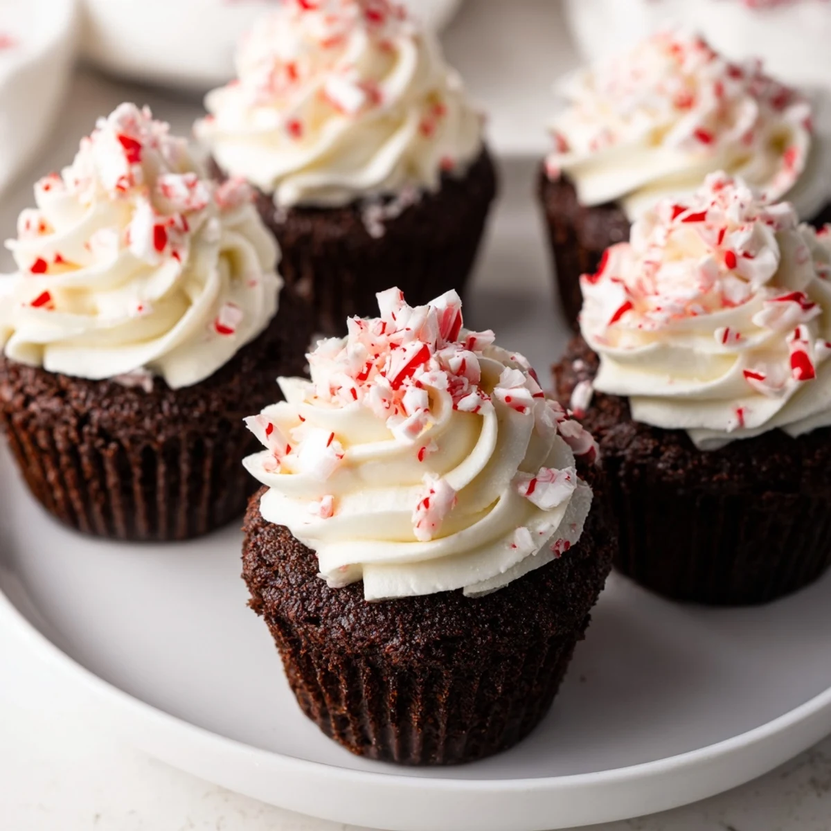 A close-up of decadent Chocolate Peppermint Cupcakes with a dusting of fine, white, snowy sugar.
