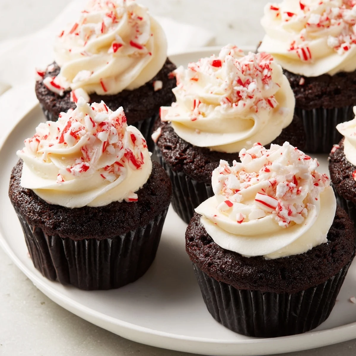 Fluffy Chocolate Peppermint Cupcakes topped with swirled peppermint frosting and crushed candies on top.