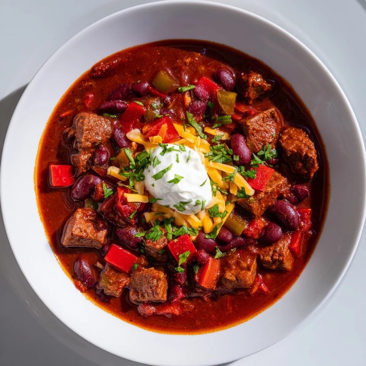Steaming bowl of Spicy Beef Chili topped with cilantro, ready for a comforting, spicy dinner.