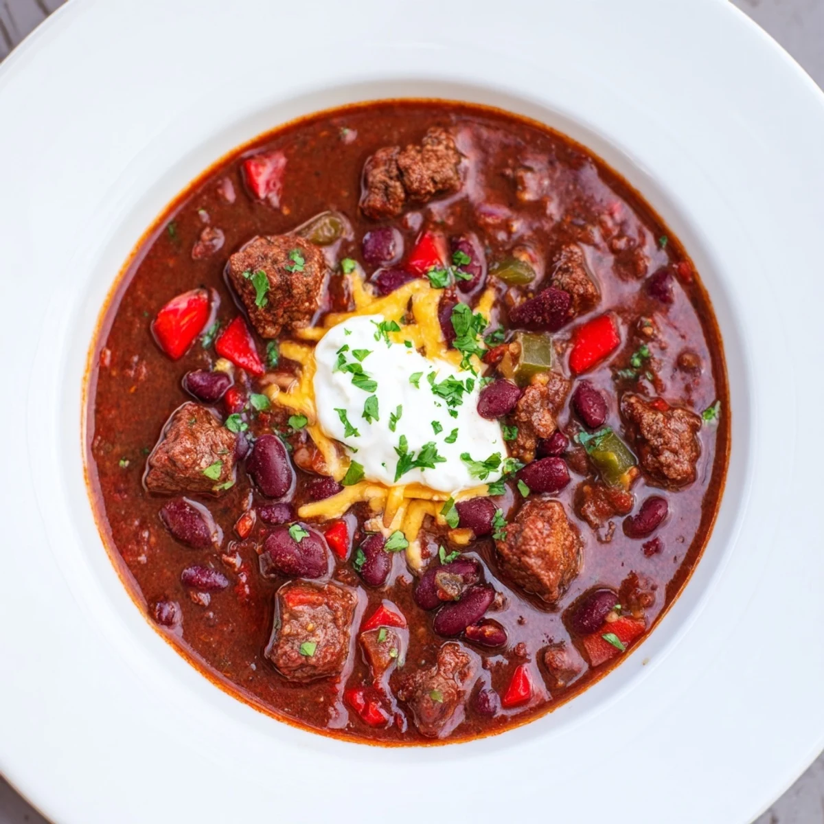 A close up shows the rich, deep red color of this homemade Spicy Beef Chili with visible beans.