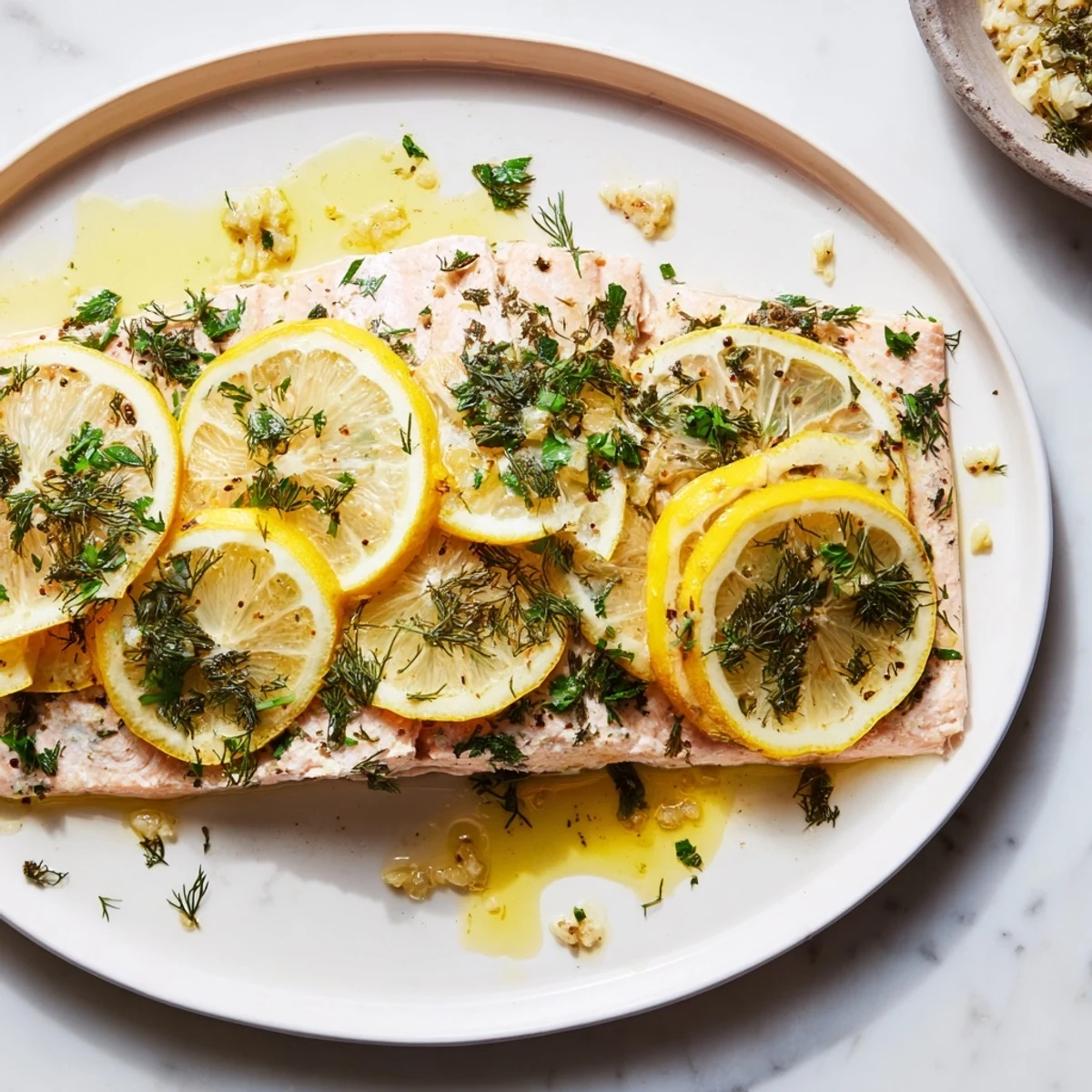 Golden-brown baked trout fillets, fragrant with lemon and herbs, ready to be served.