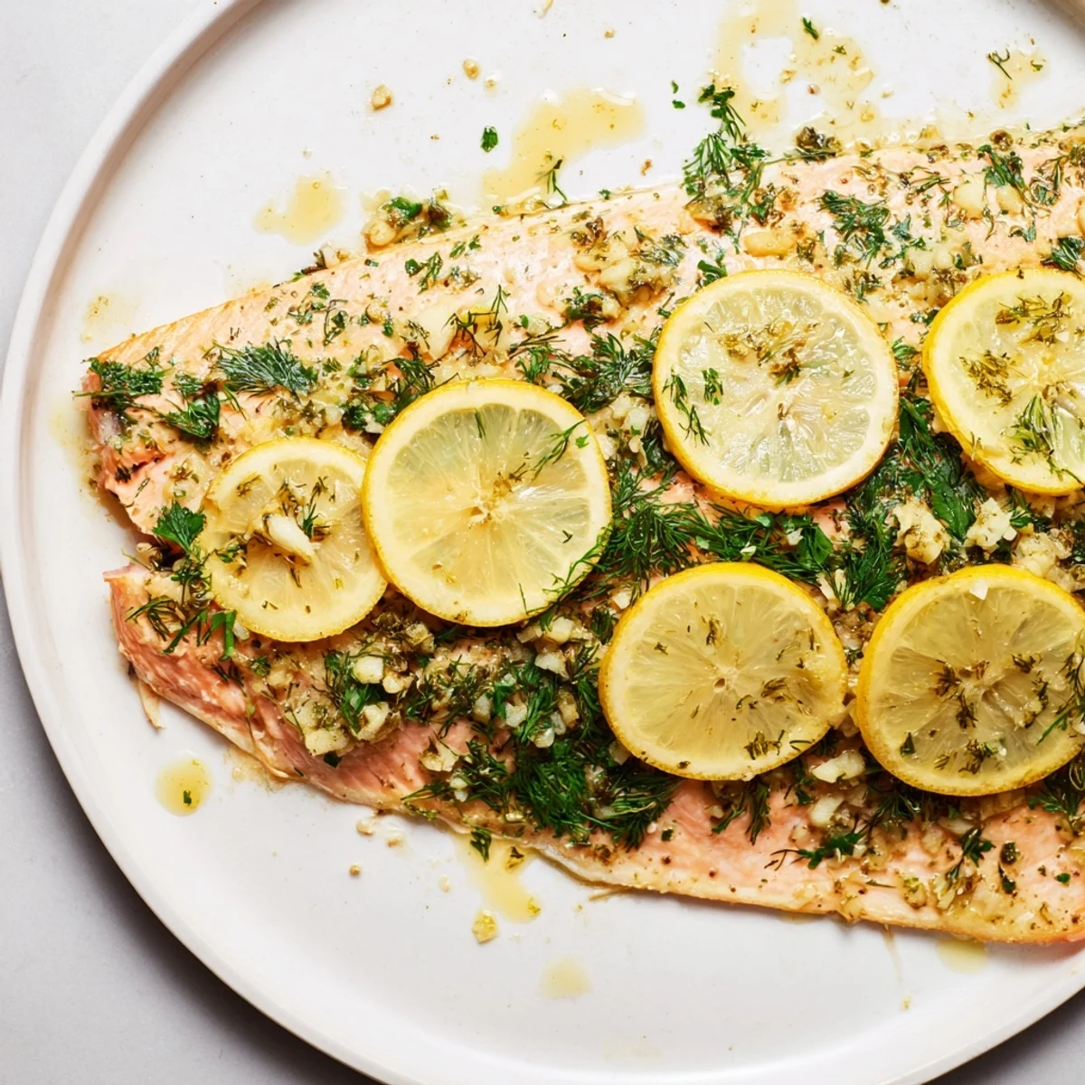 Flaky, perfectly cooked baked trout fillets, beautifully garnished with fresh parsley and lemon wedges.