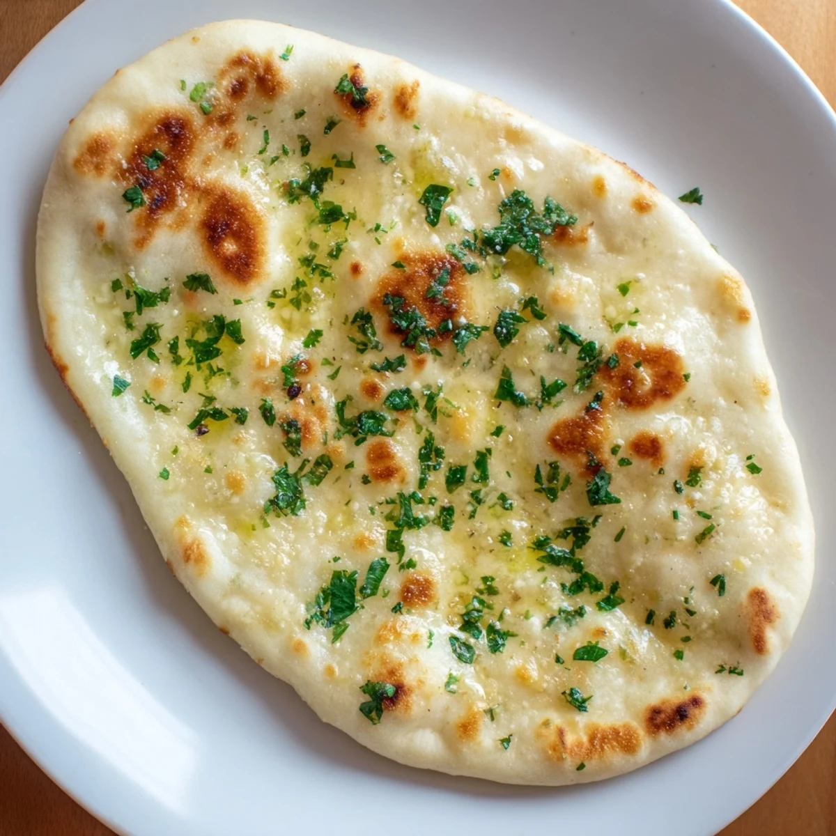 Golden, blistered Garlic Naan Bread, brushed with garlic butter and ready to be torn and enjoyed.