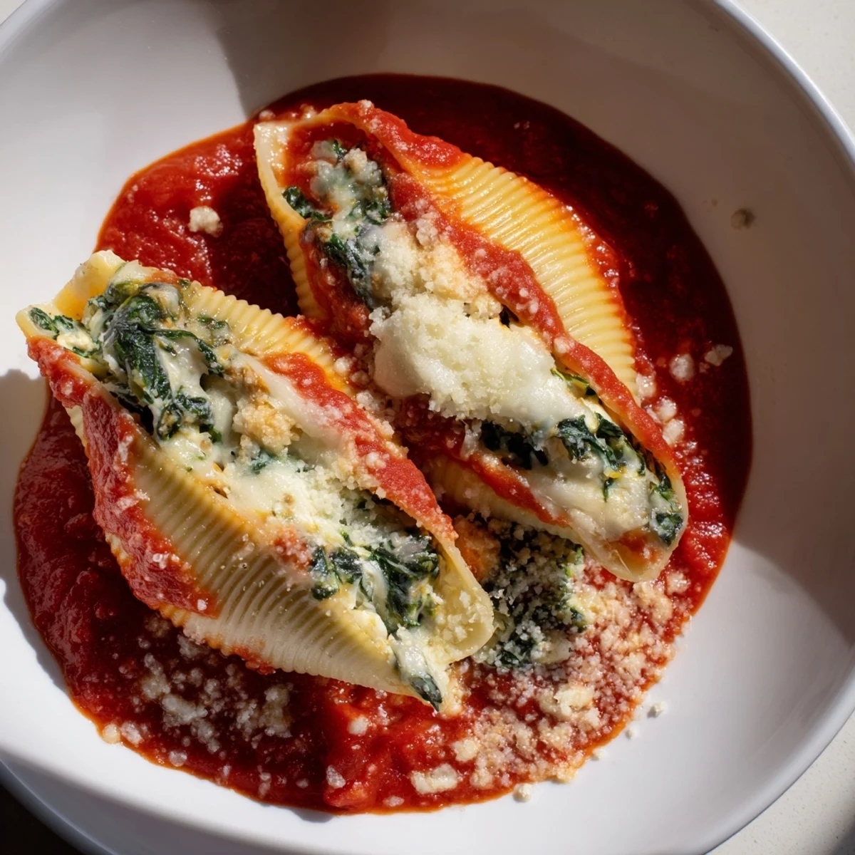 A close-up of baked Stuffed Shells, showing tender pasta filled with creamy, cheesy ricotta filling.