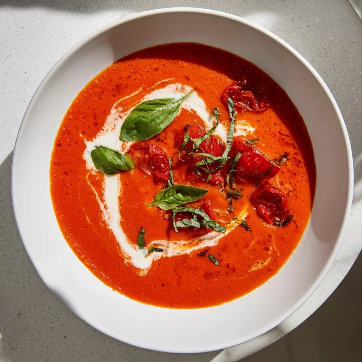A creamy, vibrant Red Pepper and Tomato Soup; rich with roasted vegetables and herbs.