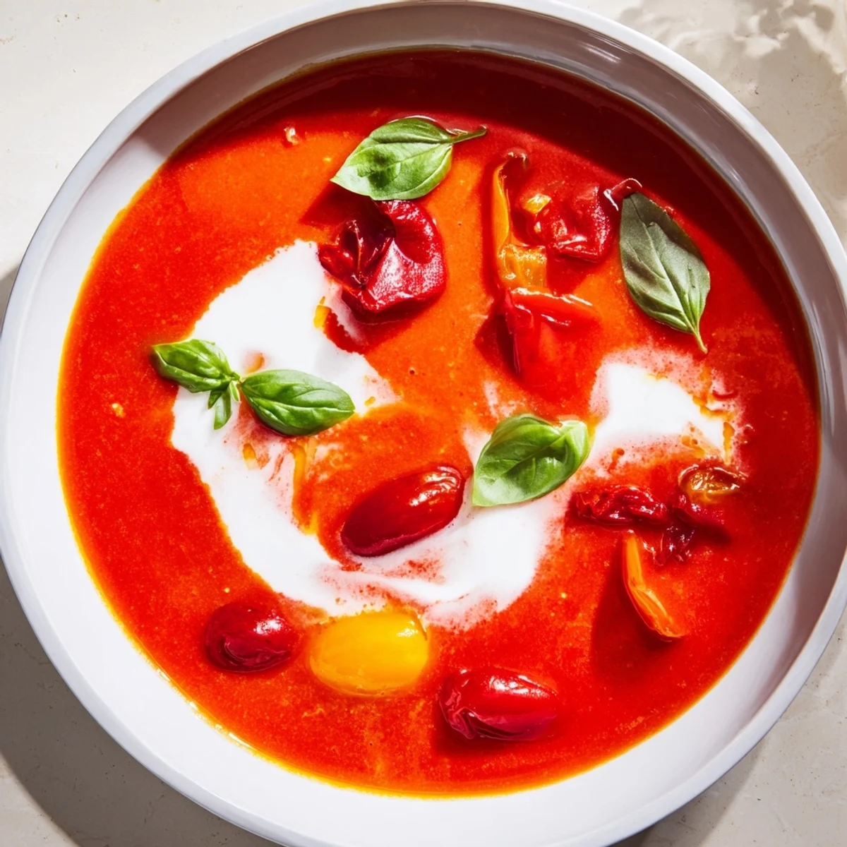 Steaming bowl of Red Pepper and Tomato Soup, garnished with fresh basil, ready for enjoying.