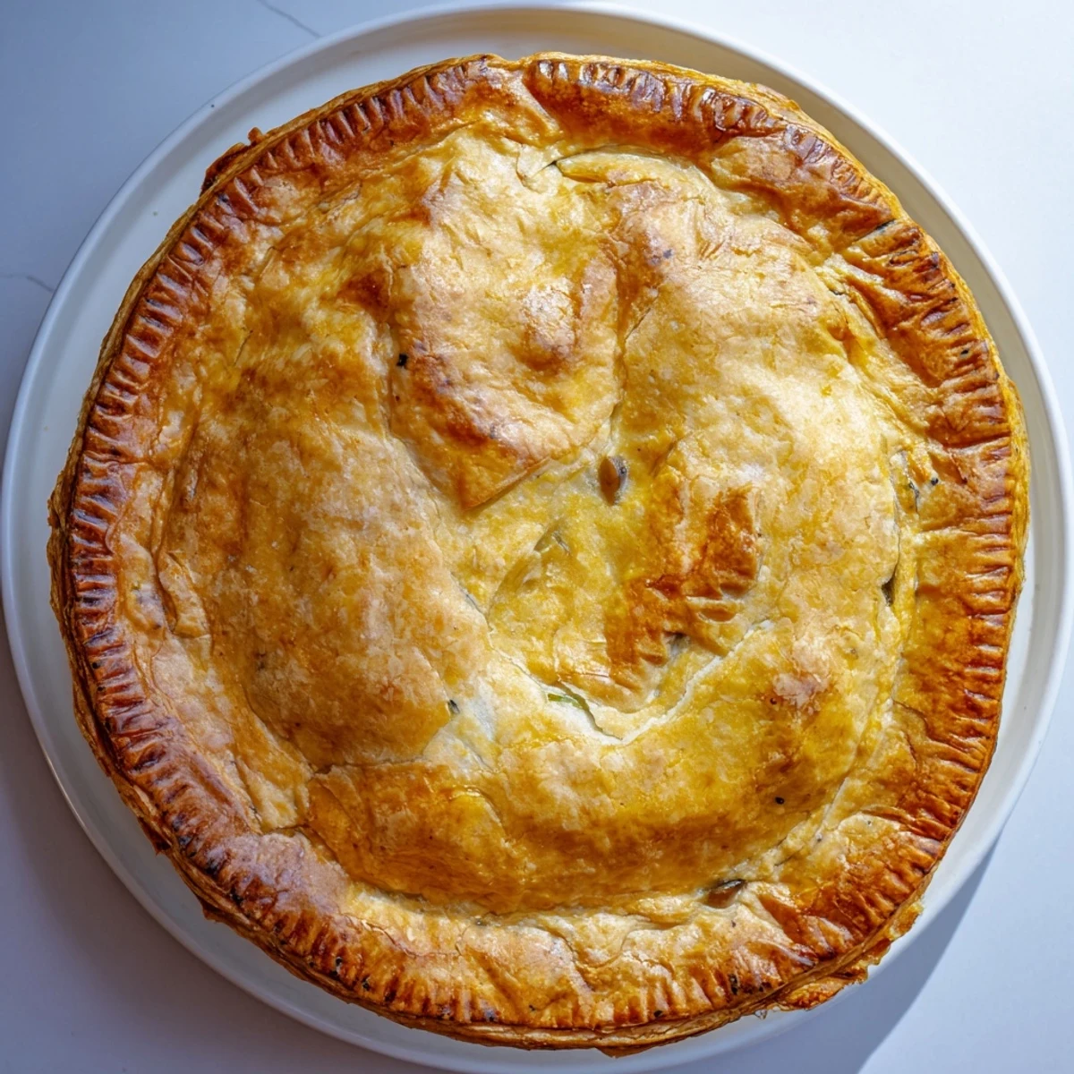 Close-up of a rustic Beef and Mushroom Pie, showcasing the rich, savory gravy and hearty beef chunks.