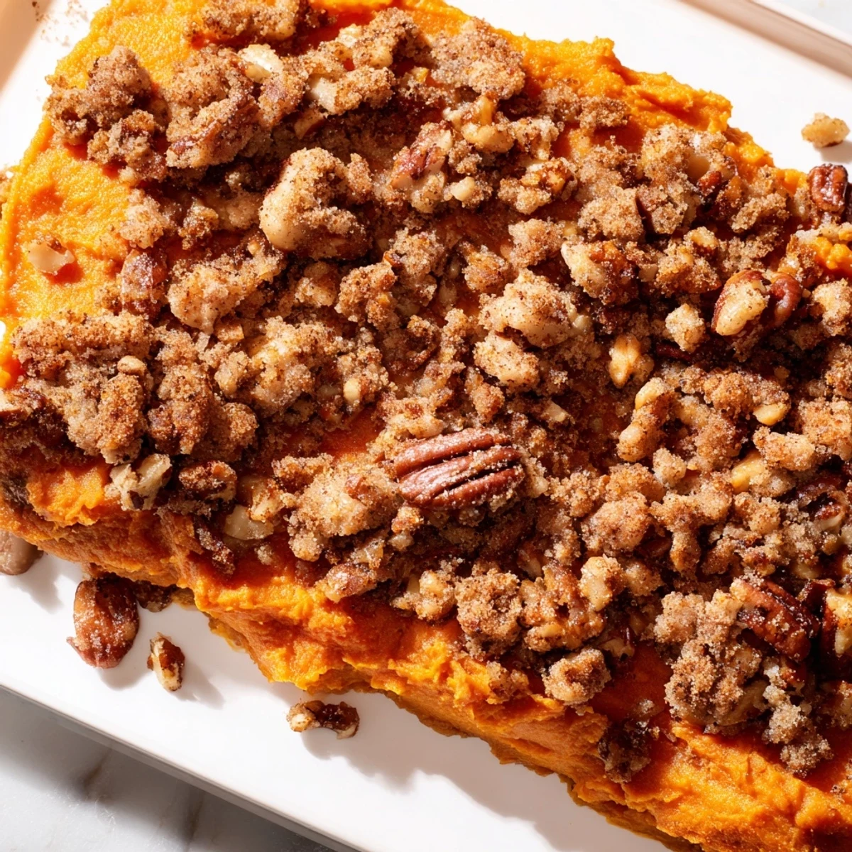 Golden-brown sweet potato casserole with a buttery pecan topping, ready for a holiday dinner.