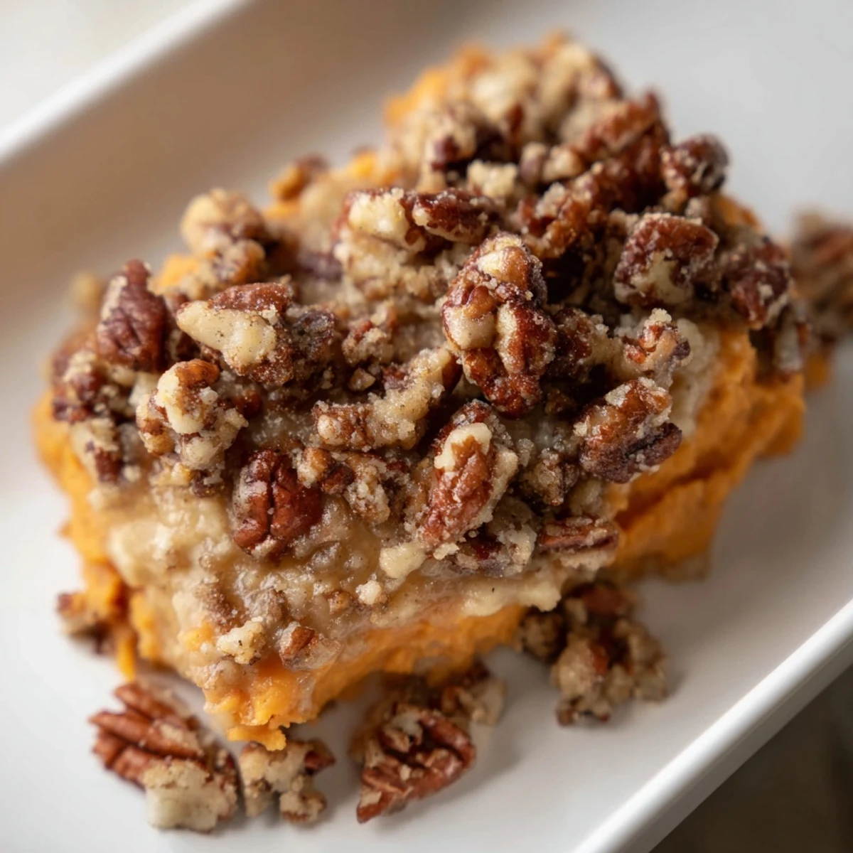 A warm, creamy sweet potato casserole with a delightful pecan streusel topping, delicious!