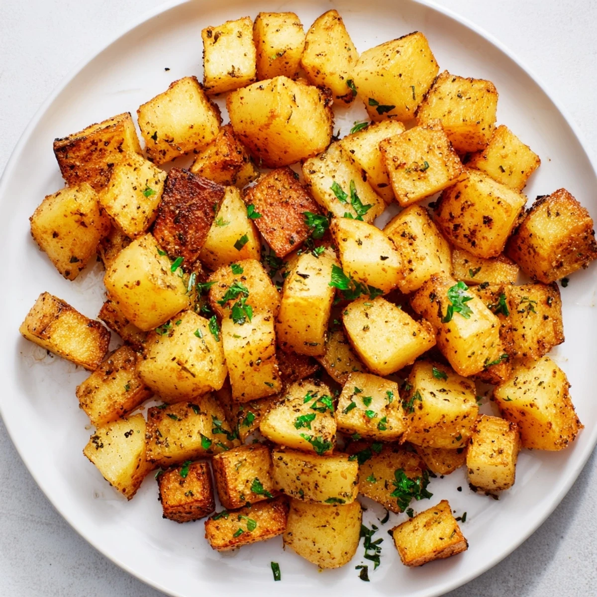 Golden brown, crispy roasted potatoes ready to serve, a flavorful side dish with herbs.