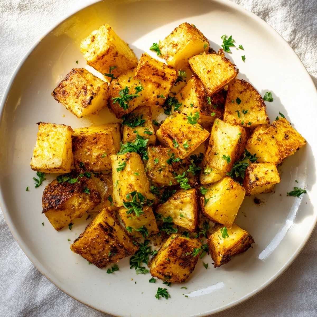 Perfectly roasted potatoes, golden and inviting, seasoned and ready for your dinner plate.
