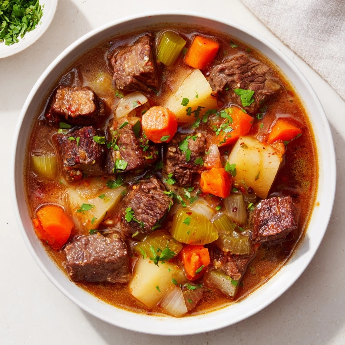 Tender lamb stew with carrots and potatoes, simmering in a rich, flavorful broth.