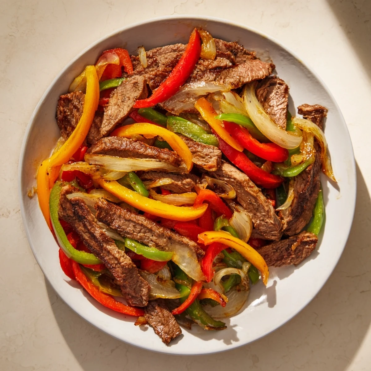 Sizzling beef fajitas with colorful peppers and onions, ready to be wrapped in warm tortillas and enjoyed.