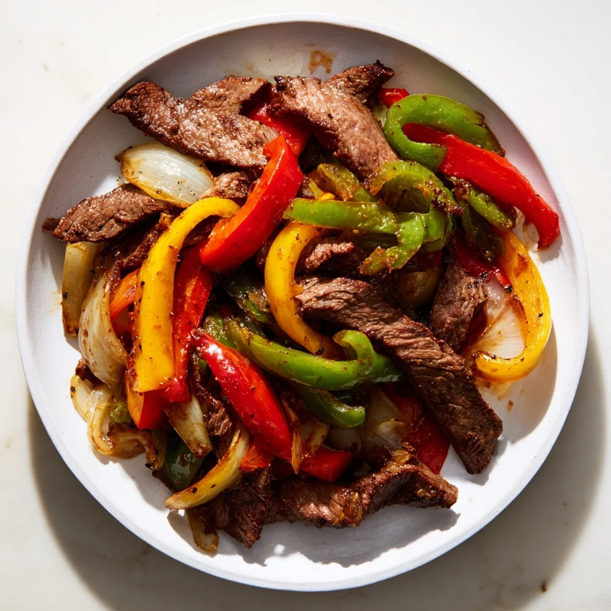 Close-up of freshly made beef fajitas, showing tender beef and vegetables, ready for topping and enjoying.