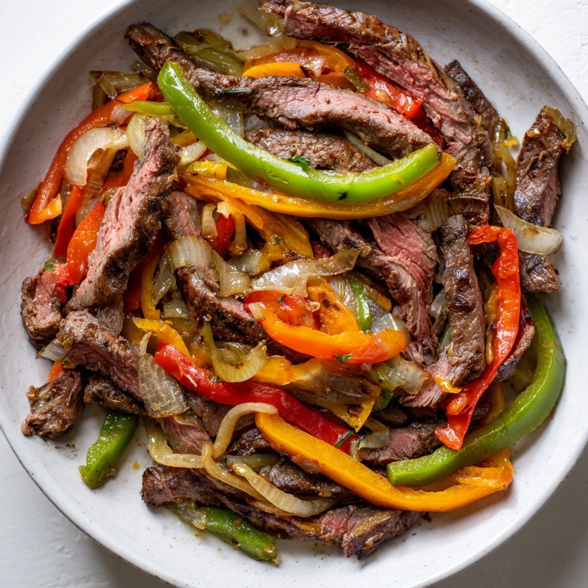 Steaming plate of beef fajitas with vibrant bell peppers, inviting diners to savor Tex-Mex flavors.