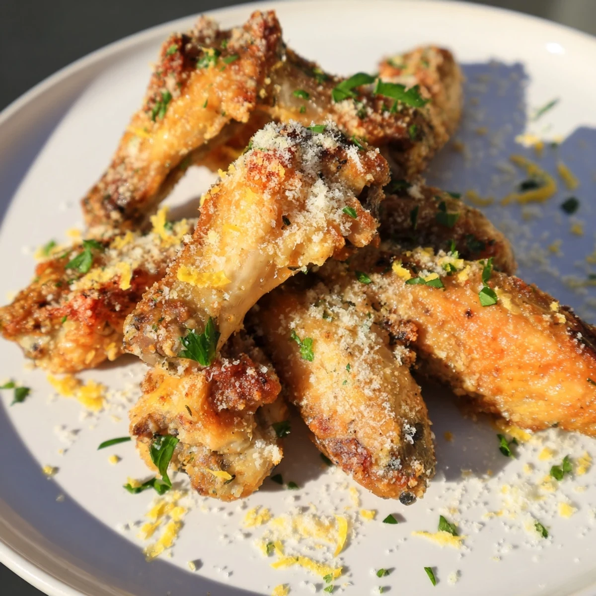 Golden and crispy Parmesan wings, a delicious appetizer ready for sharing at game night.