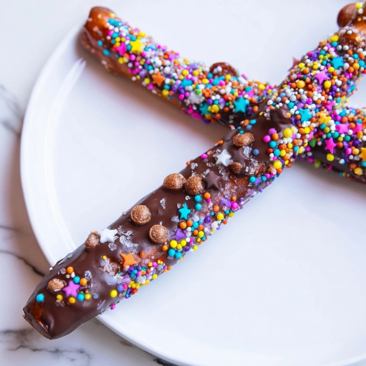 A close-up shot of homemade pretzels dipped in melting chocolate with various toppings.