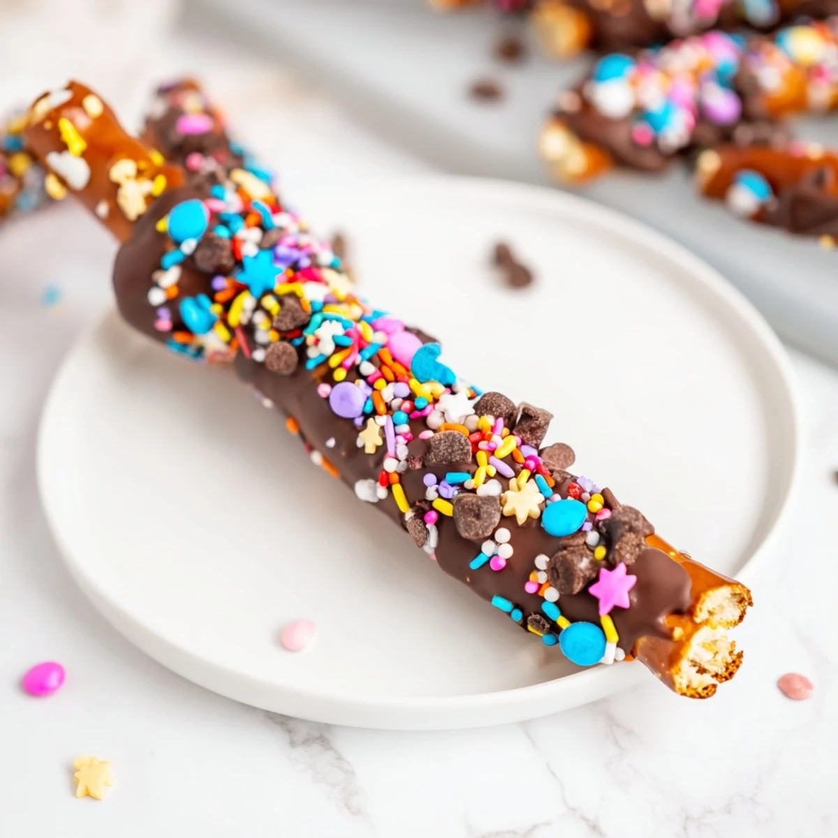 Chocolate-covered pretzels dipped in dark and white chocolate, adorned with colorful sprinkles.