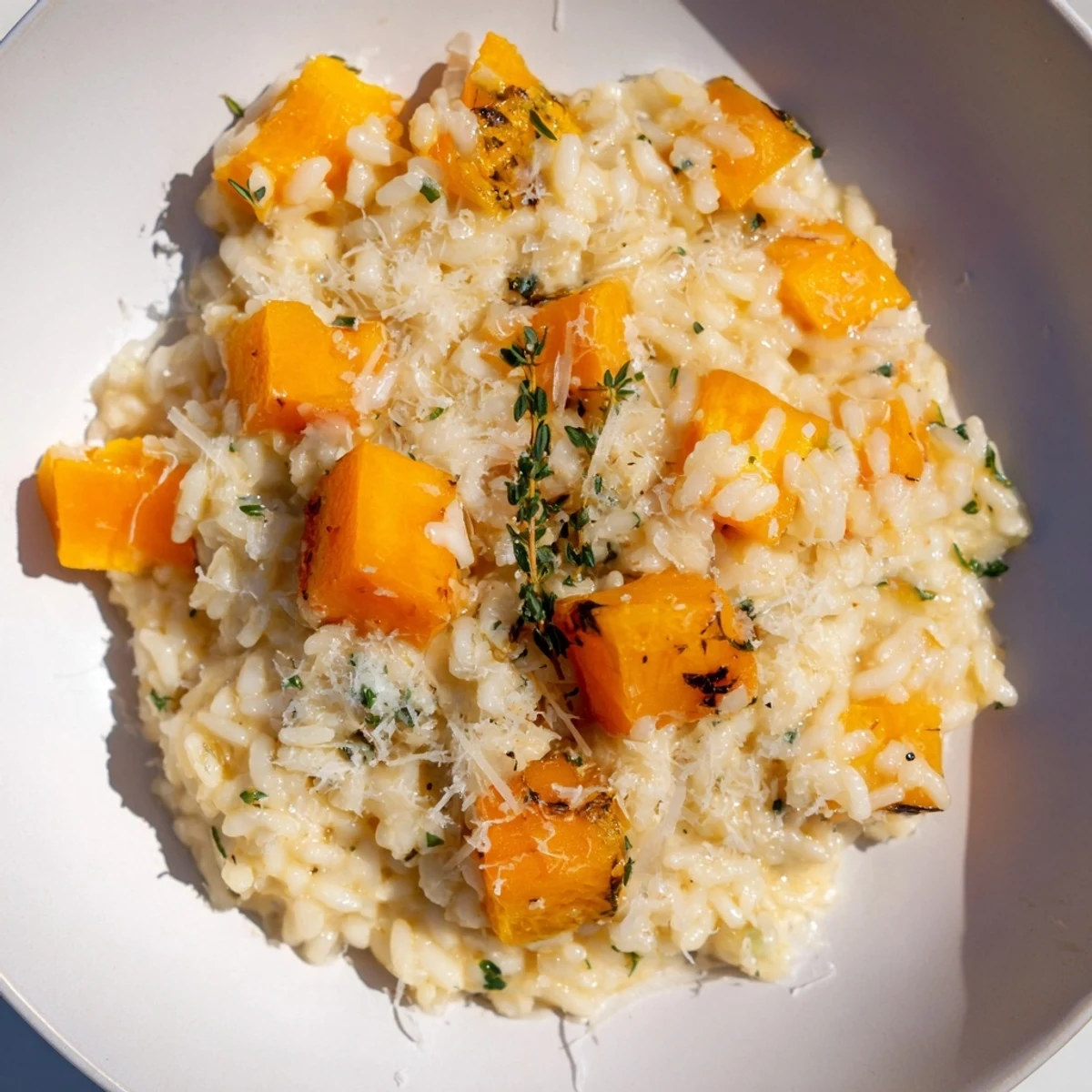 Creamy, golden squash risotto, ready to serve with Parmesan cheese and fresh thyme garnishing.
