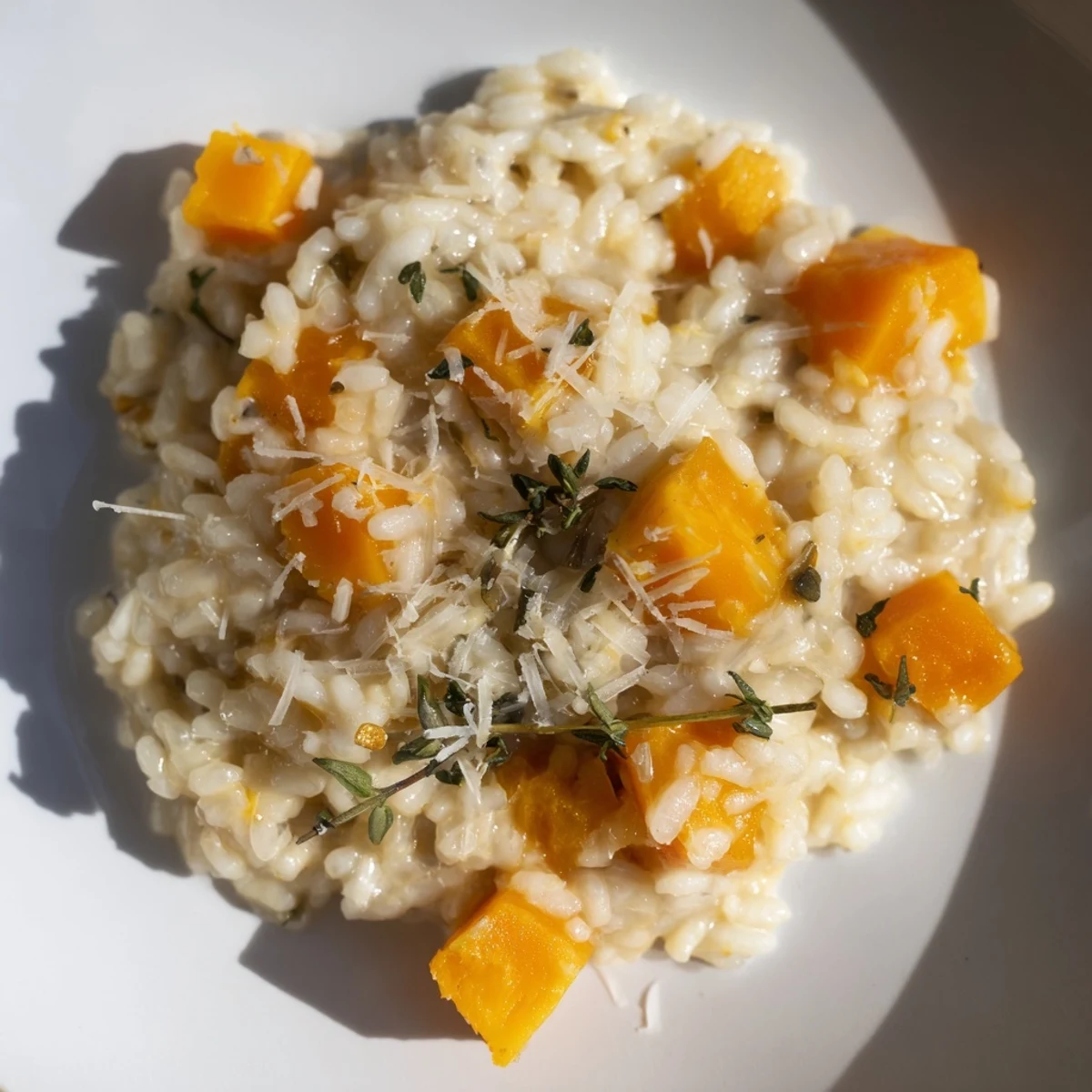 A comforting bowl of squash risotto, featuring tender squash and subtly herbed Arborio rice.