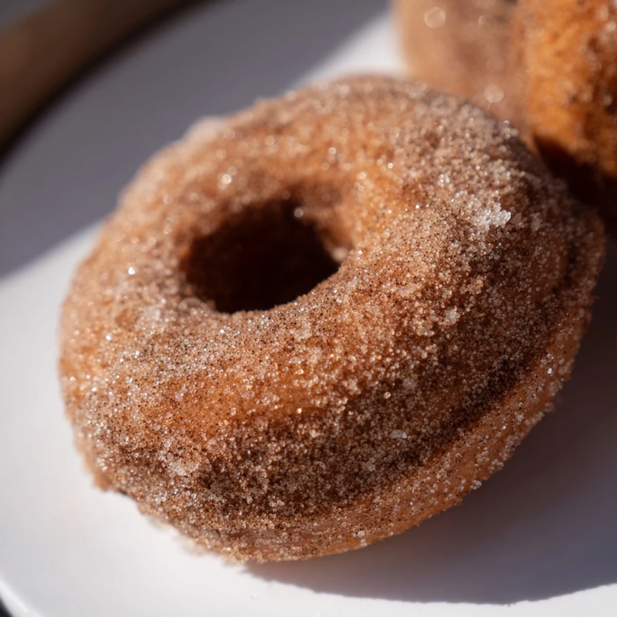 Warm, soft Cider Donuts coated in cinnamon sugar show off their delicious, inviting texture.