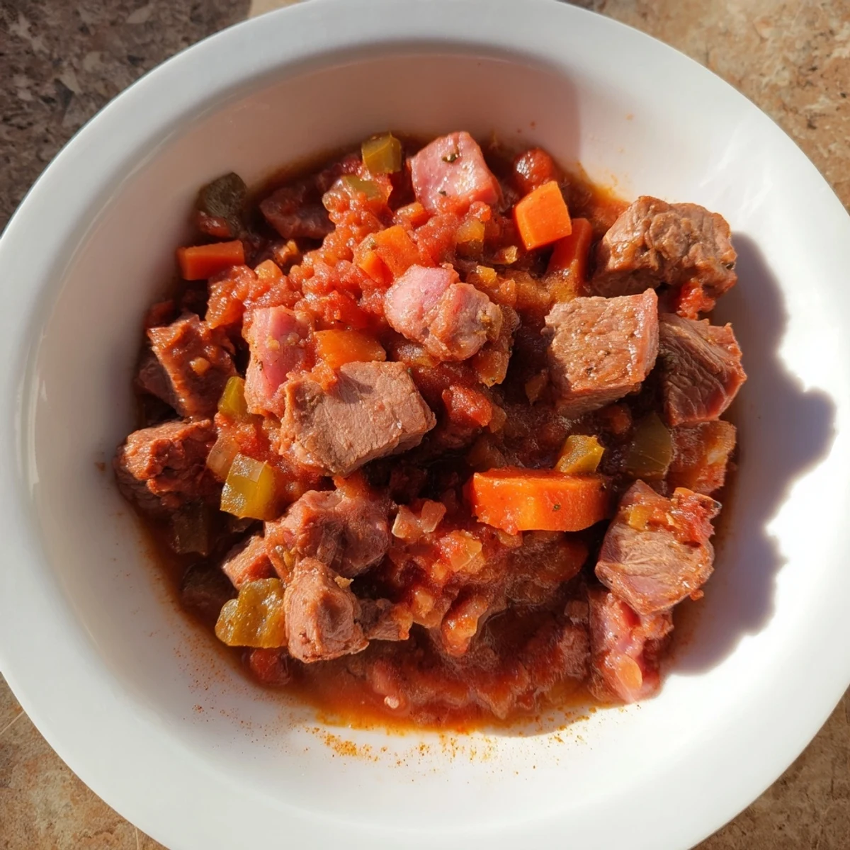 Close-up of hearty Ham Beef, showcasing tender beef and savory ham, perfect for a cozy dinner.