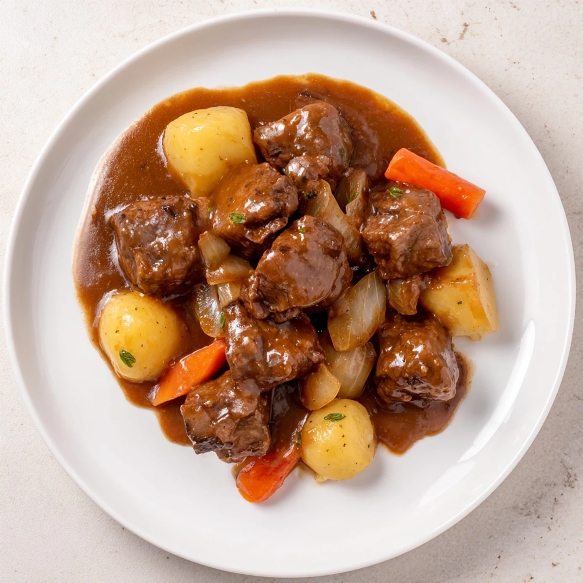Steaming, fork-tender beef casserole brimming with rich gravy, carrots, and potatoes, ready for serving.