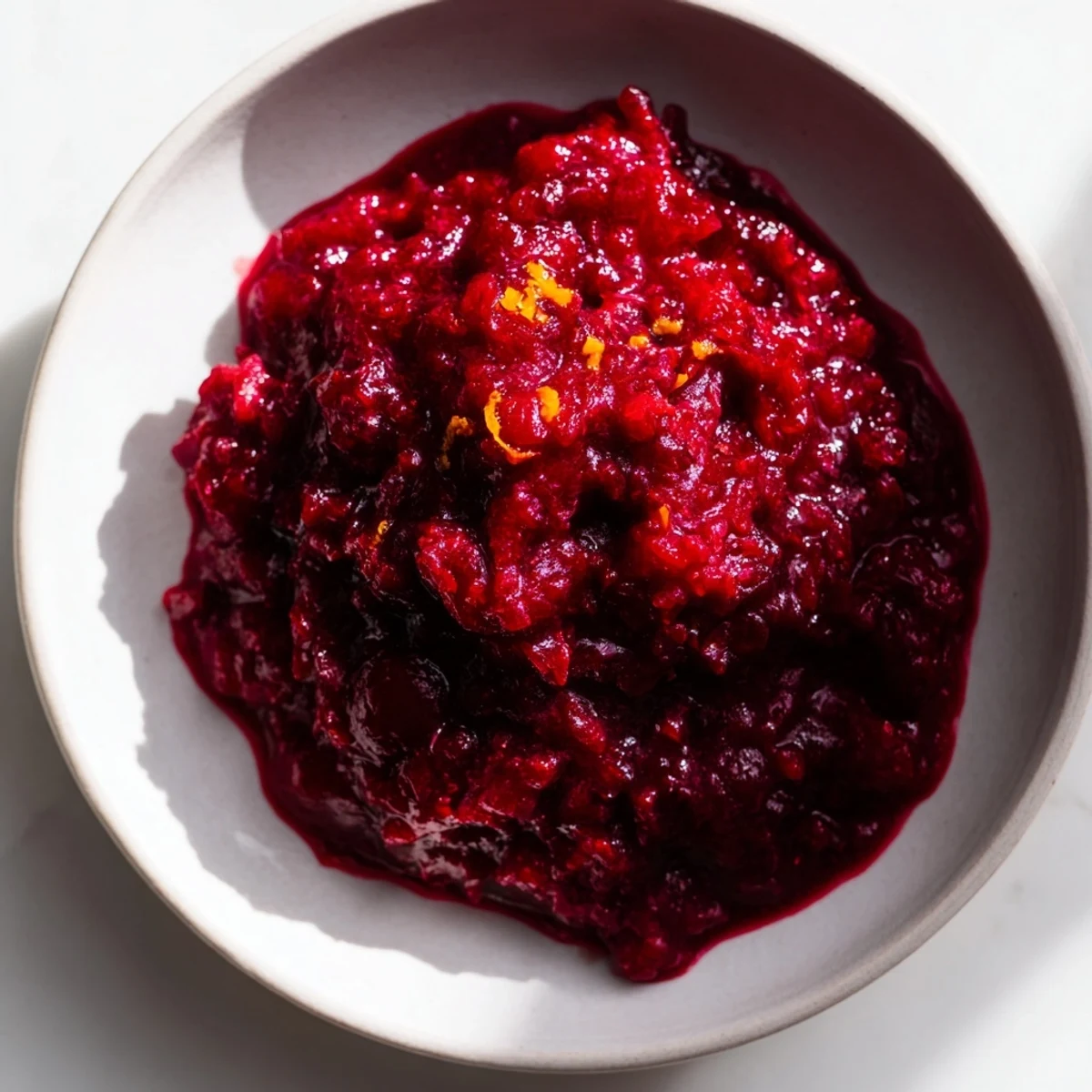 Bright red, freshly made cranberry sauce with orange zest, ideal for pairing with roasted turkey.