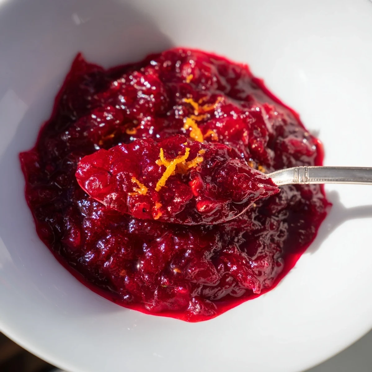 Homemade cranberry sauce glistening, showing the texture of bursting cranberries, perfect for Thanksgiving.
