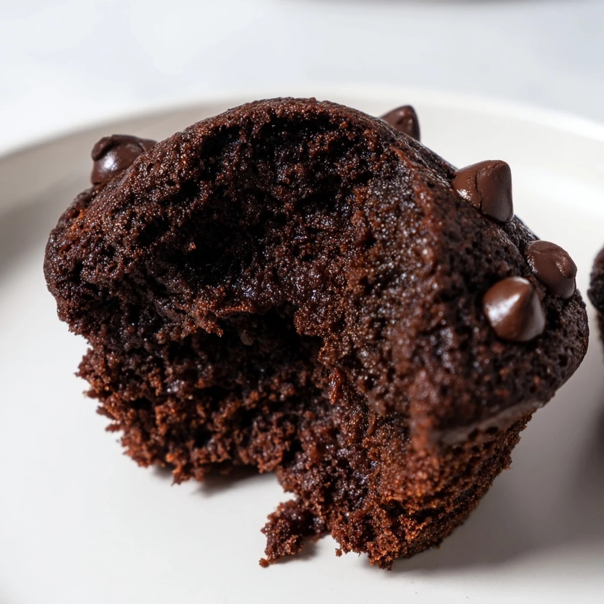 Close-up image shows fluffy, freshly baked chocolate muffins, rich with chocolate chips, ready to enjoy.