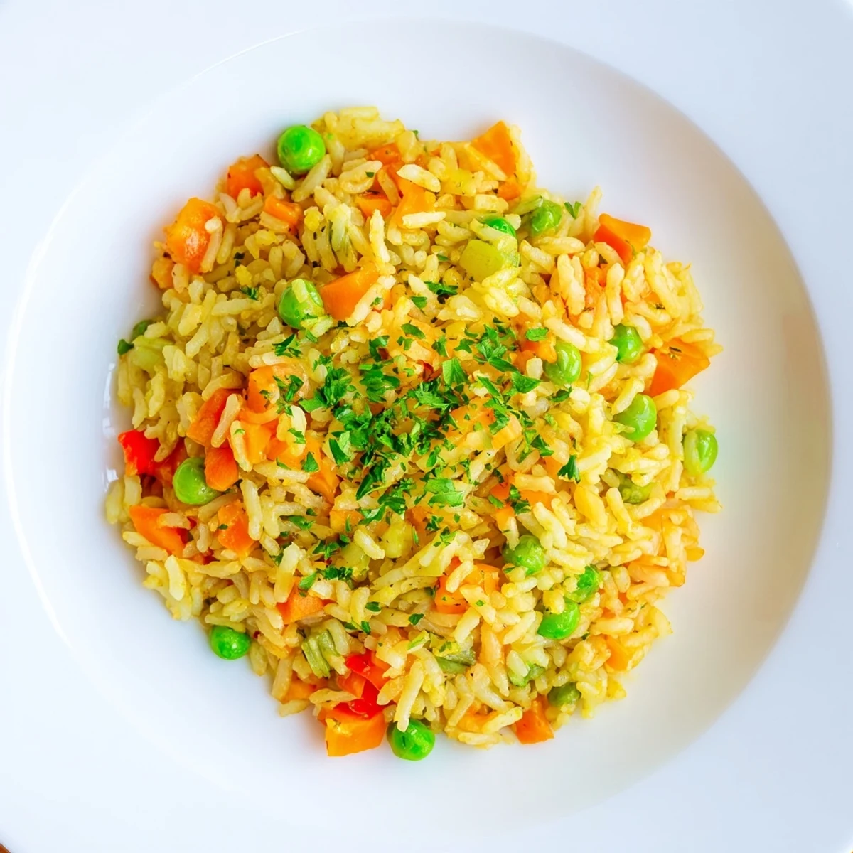 Steaming Rice Savory with colorful vegetables and herbs, ready to serve as a side dish.