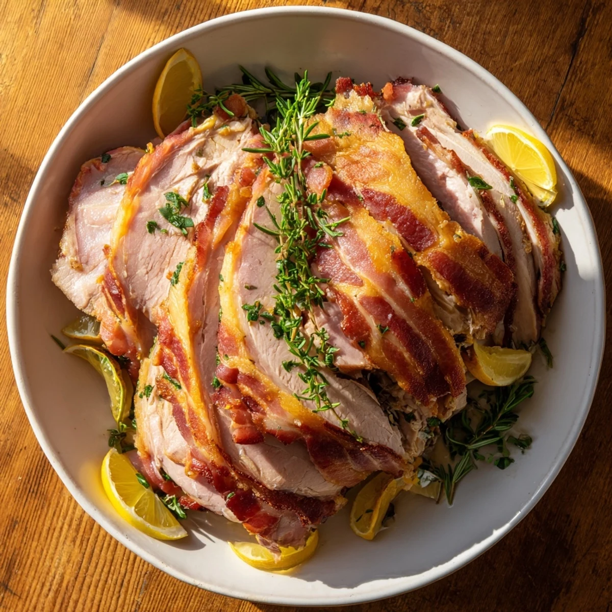Crispy bacon embracing a flavorful turkey breast, a delicious American main course suggestion.