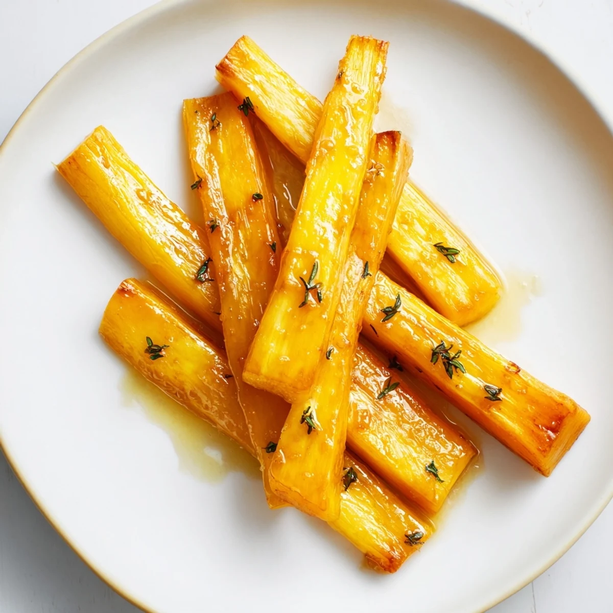 Crispy, caramelized golden roasted parsnips with honey, perfect as a flavorful vegetarian side dish.