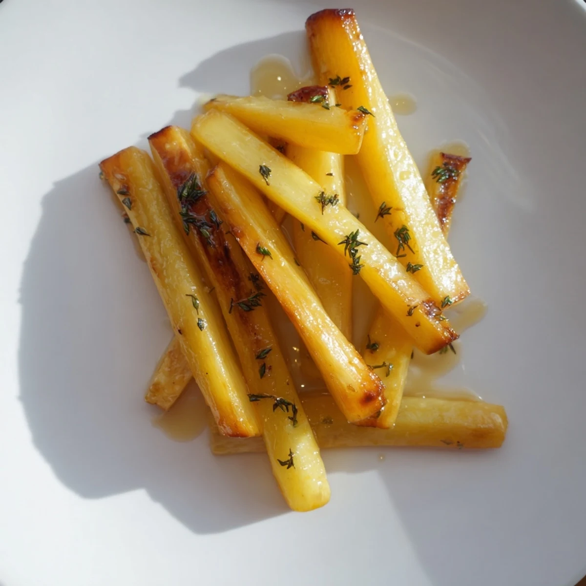 A close-up of golden roasted parsnips with a honey glaze, offering a taste sensation for you.