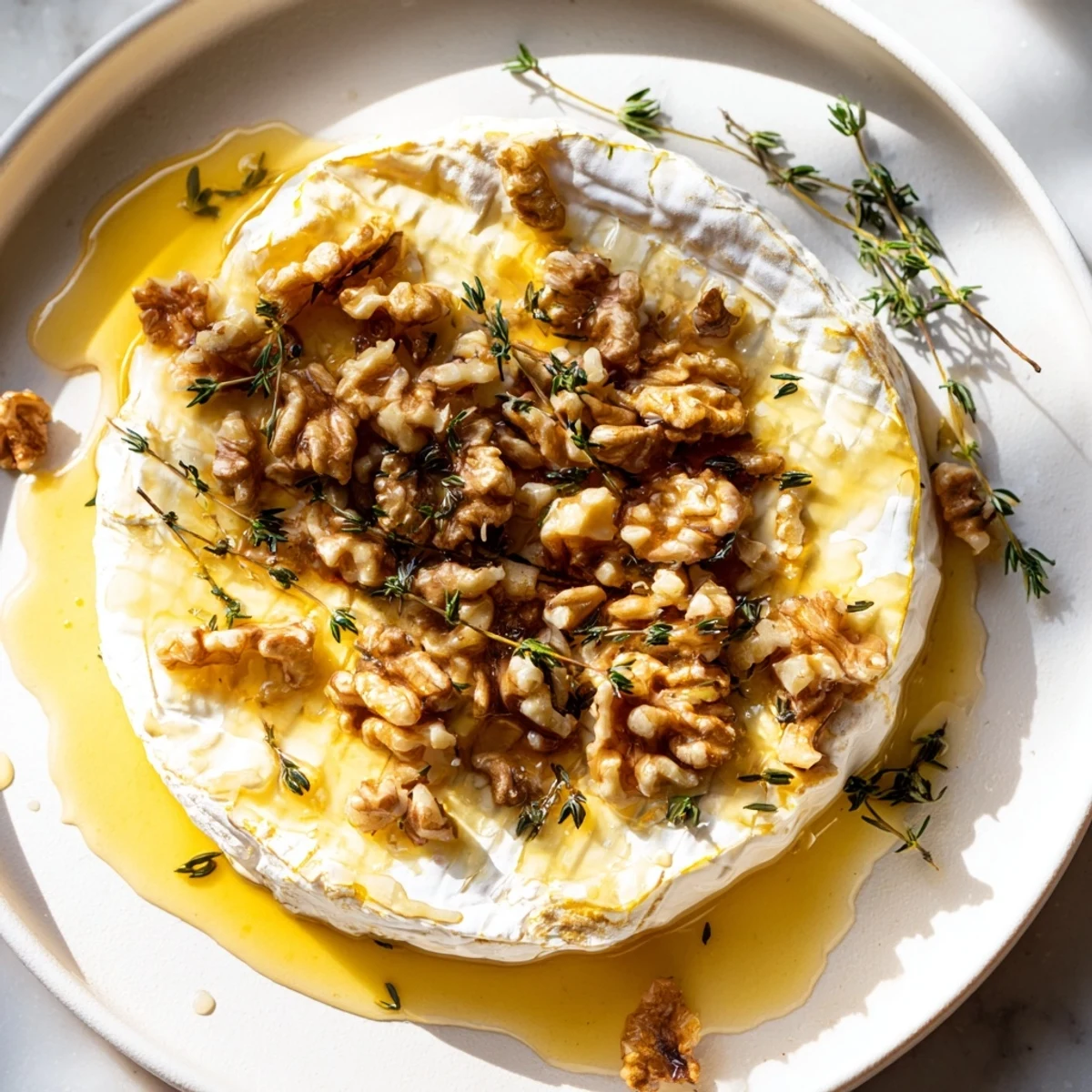 Warm, gooey Baked Brie with honey and walnuts, ready to be scooped up with crackers.