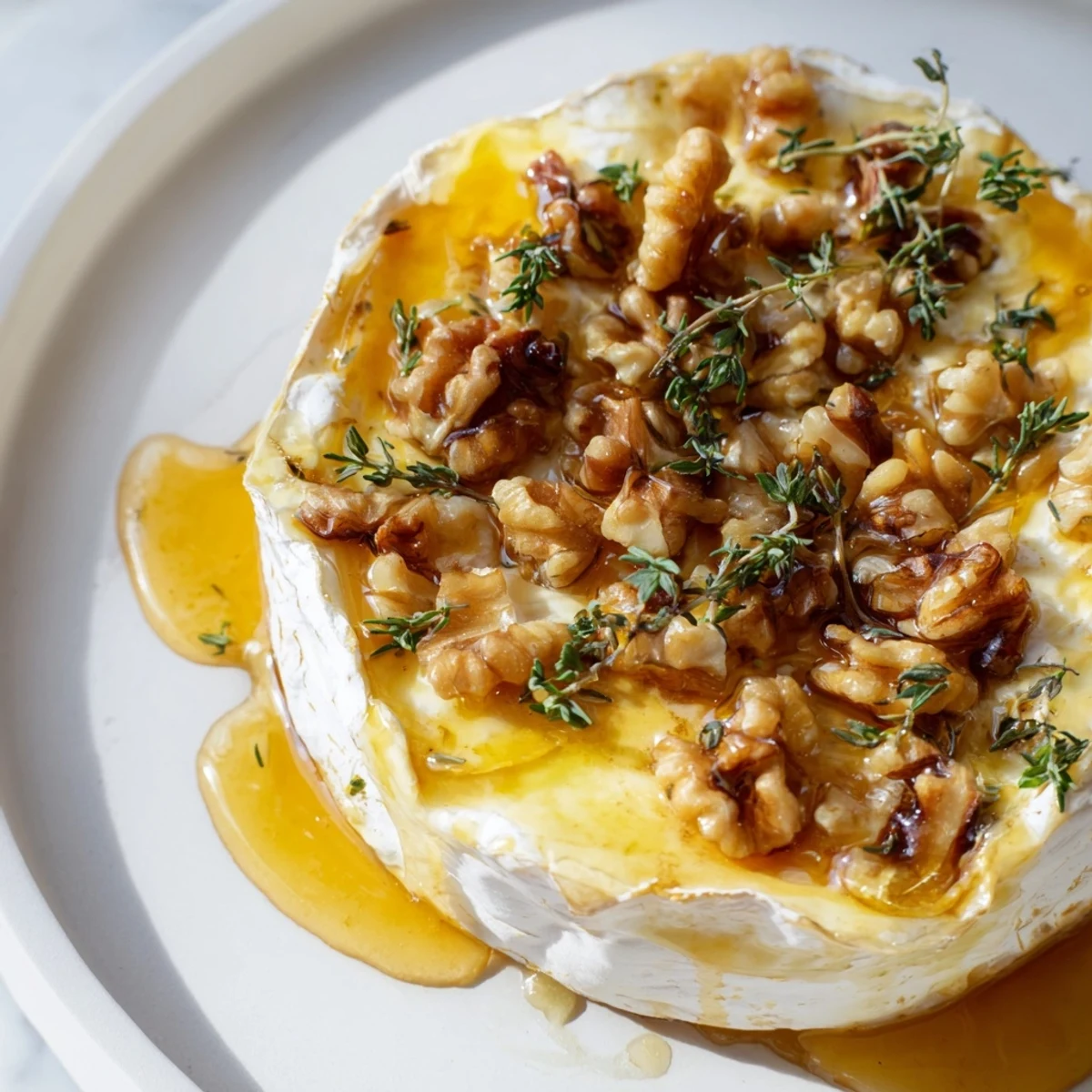 Golden honey drips over warm, melting Baked Brie—a delightful appetizer with crunchy walnuts.