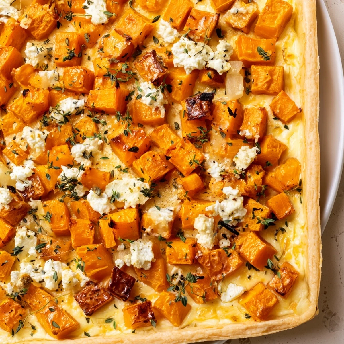 Golden-brown Savory Pumpkin and Feta Tart, filled with creamy feta and roasted pumpkin, waiting to be served.