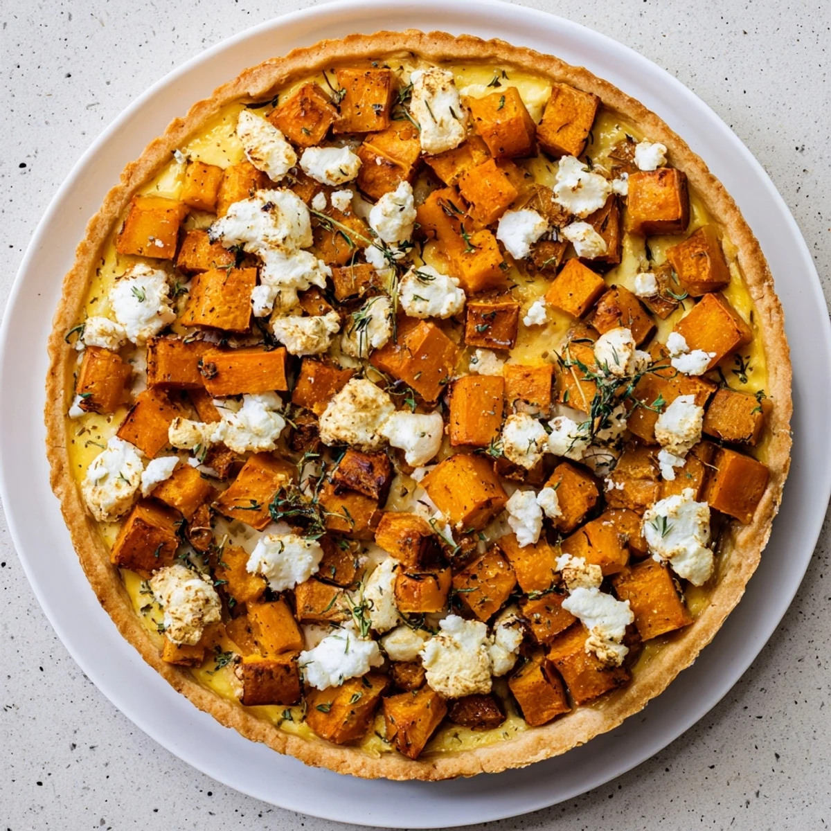 A close-up image of the Savory Pumpkin and Feta Tart, showing the flaky crust and bubbling filling.