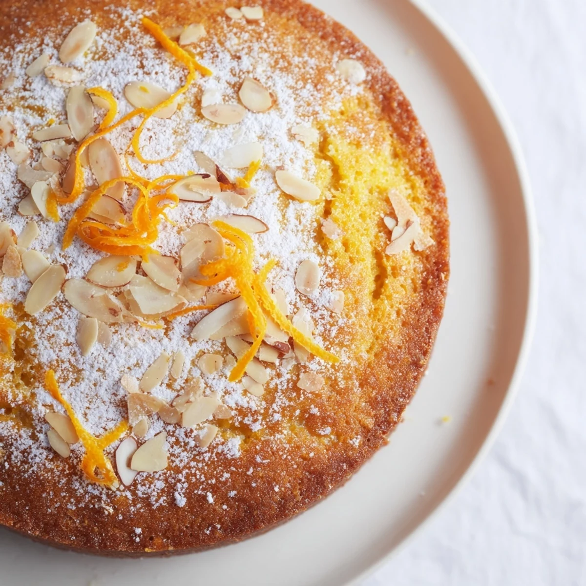 Moist Zesty Orange and Almond Cake, dusted with powdered sugar, ready for serving after baking.